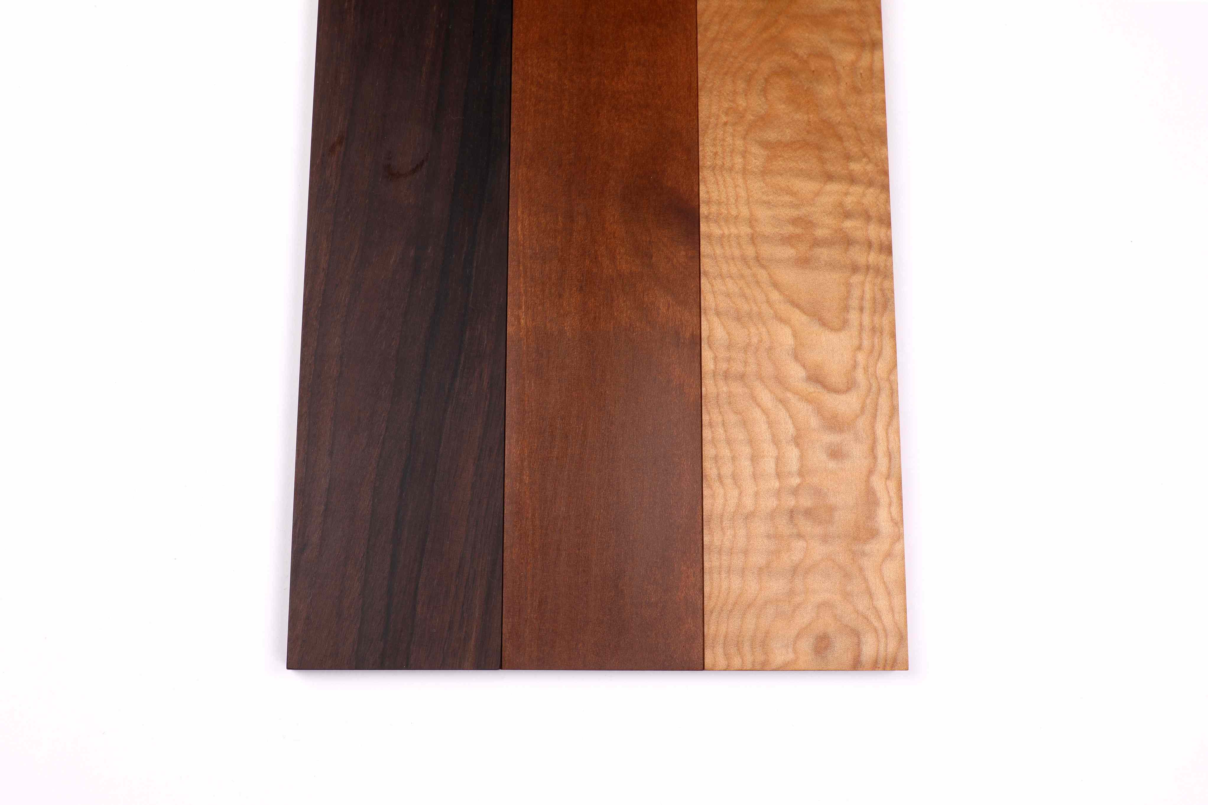 Fretboards from Sonowood walnut (left), maple (center) and flamed maple (right)