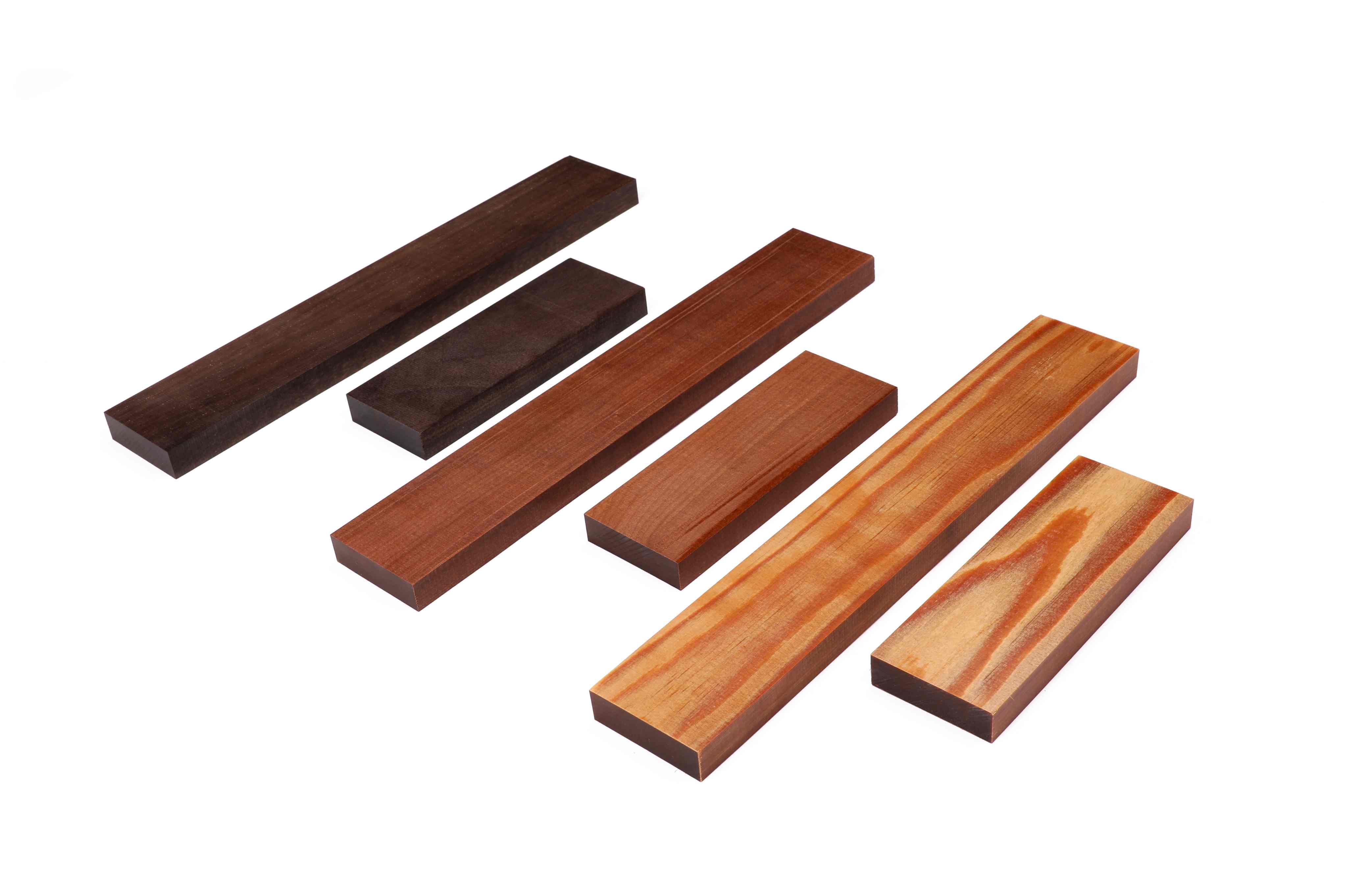 Sonowood square timbers for fingerboard and tailpiece. Left: walnut, center: maple, right: spruce