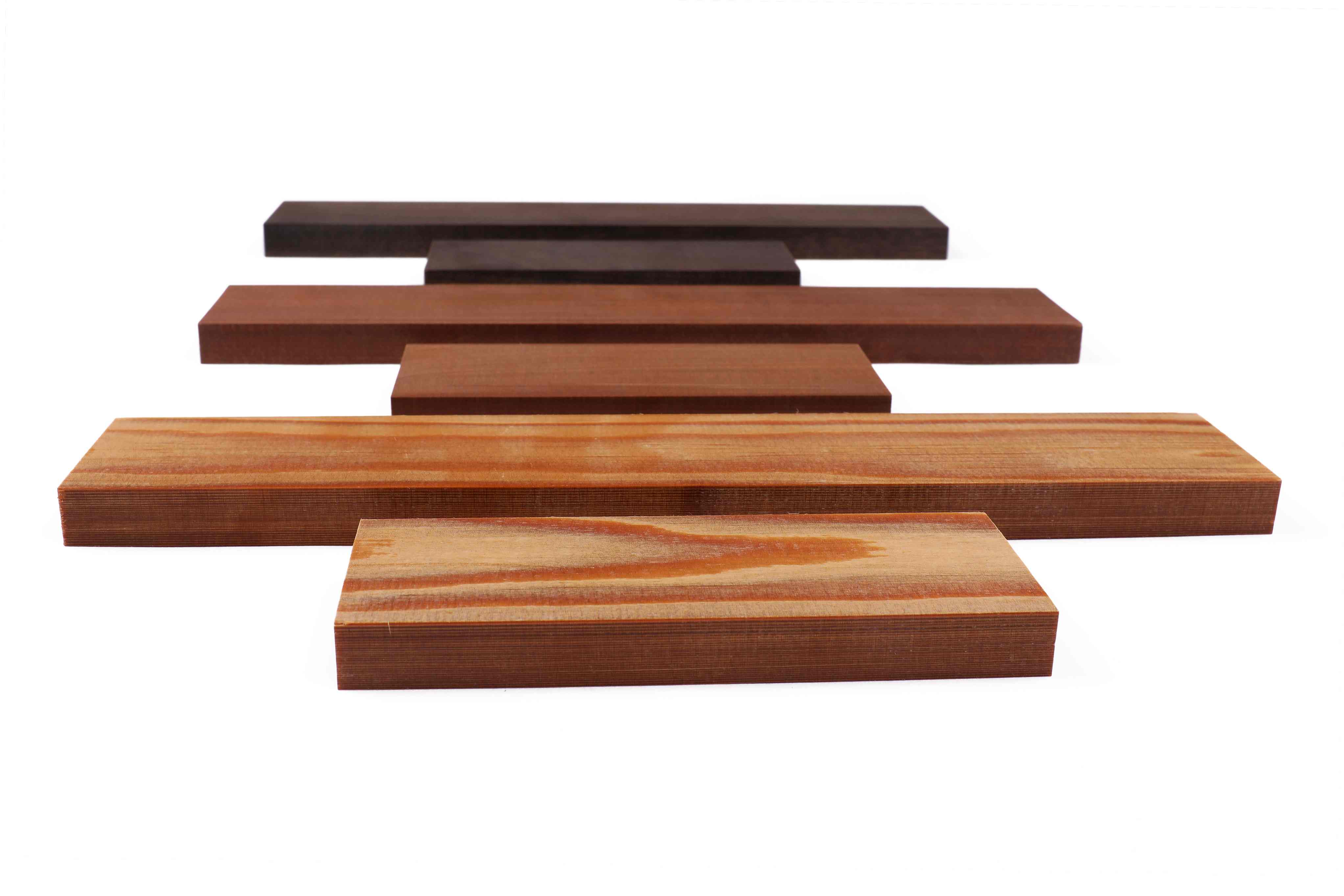 Sonowood square timbers for fingerboard and tailpiece. Front: spruce, center: maple, back: walnut